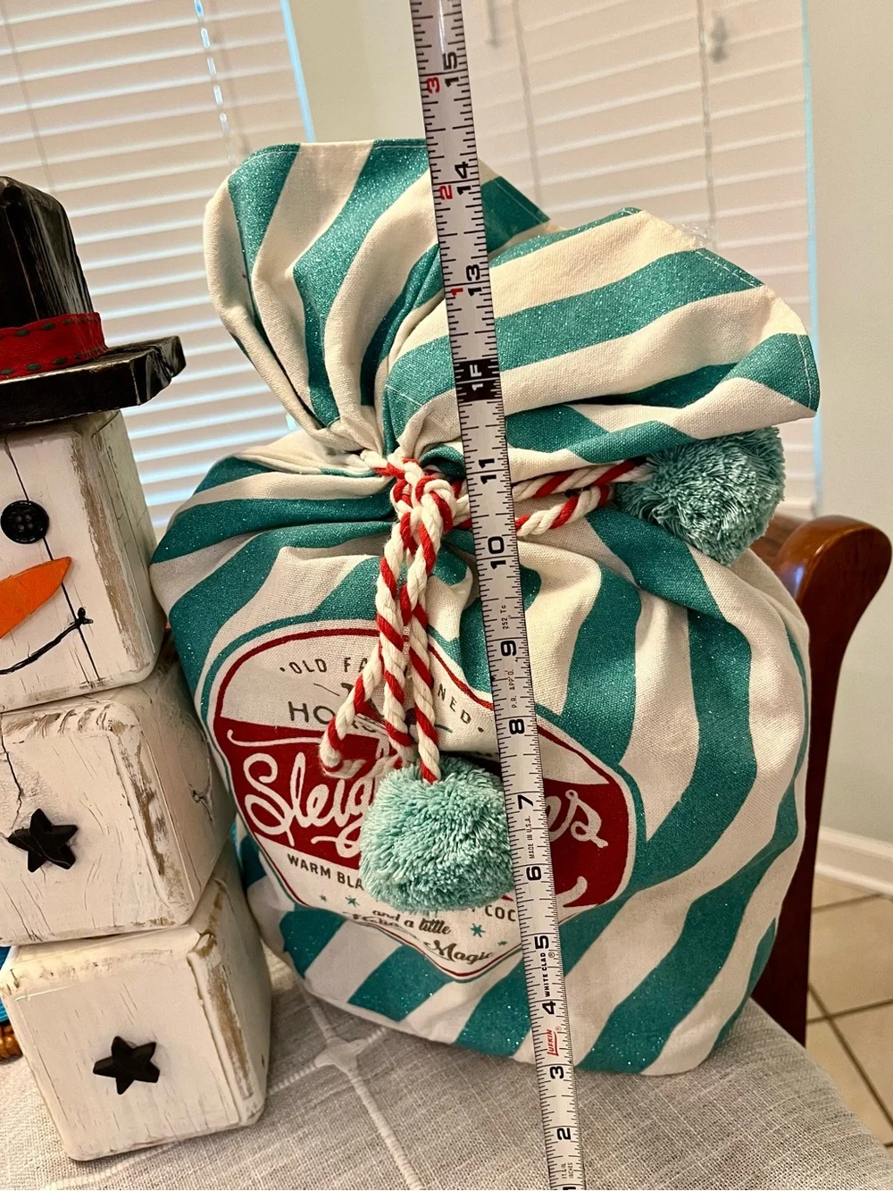 Holiday Gift Bundle-Wooden Custom made Snowman & Teal Stripe Holiday Gift Bag